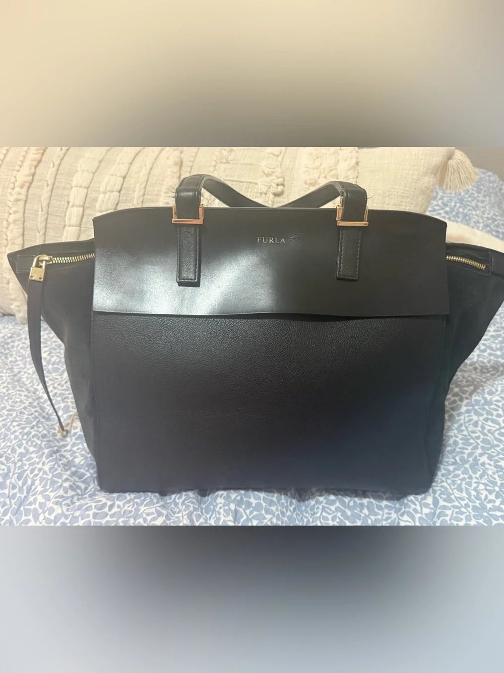 Furla Black Leather Laptop Tote with Gold Accents